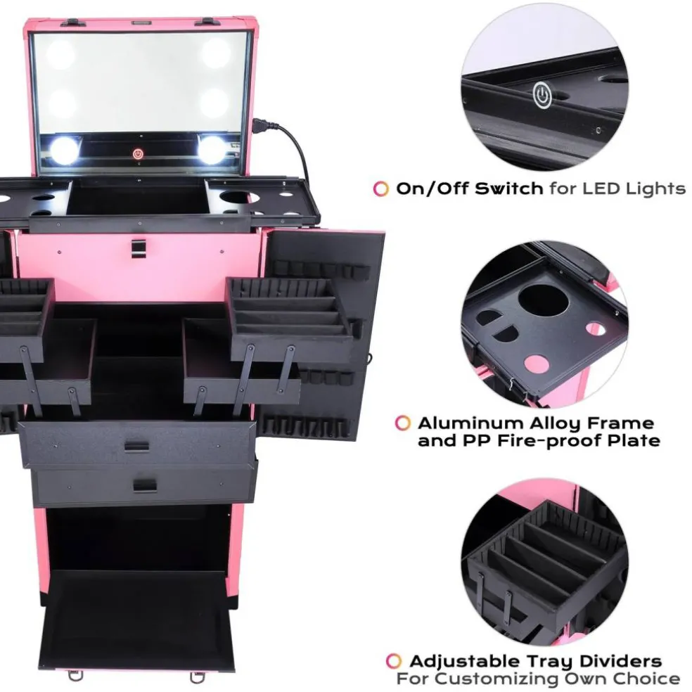 Byootique® Rolling Makeup Case Pro Hair Stylist Barber Artists Case Multifunction Lighted Lockable
