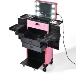 Byootique® Rolling Makeup Case Pro Hair Stylist Barber Artists Case Multifunction Lighted Lockable