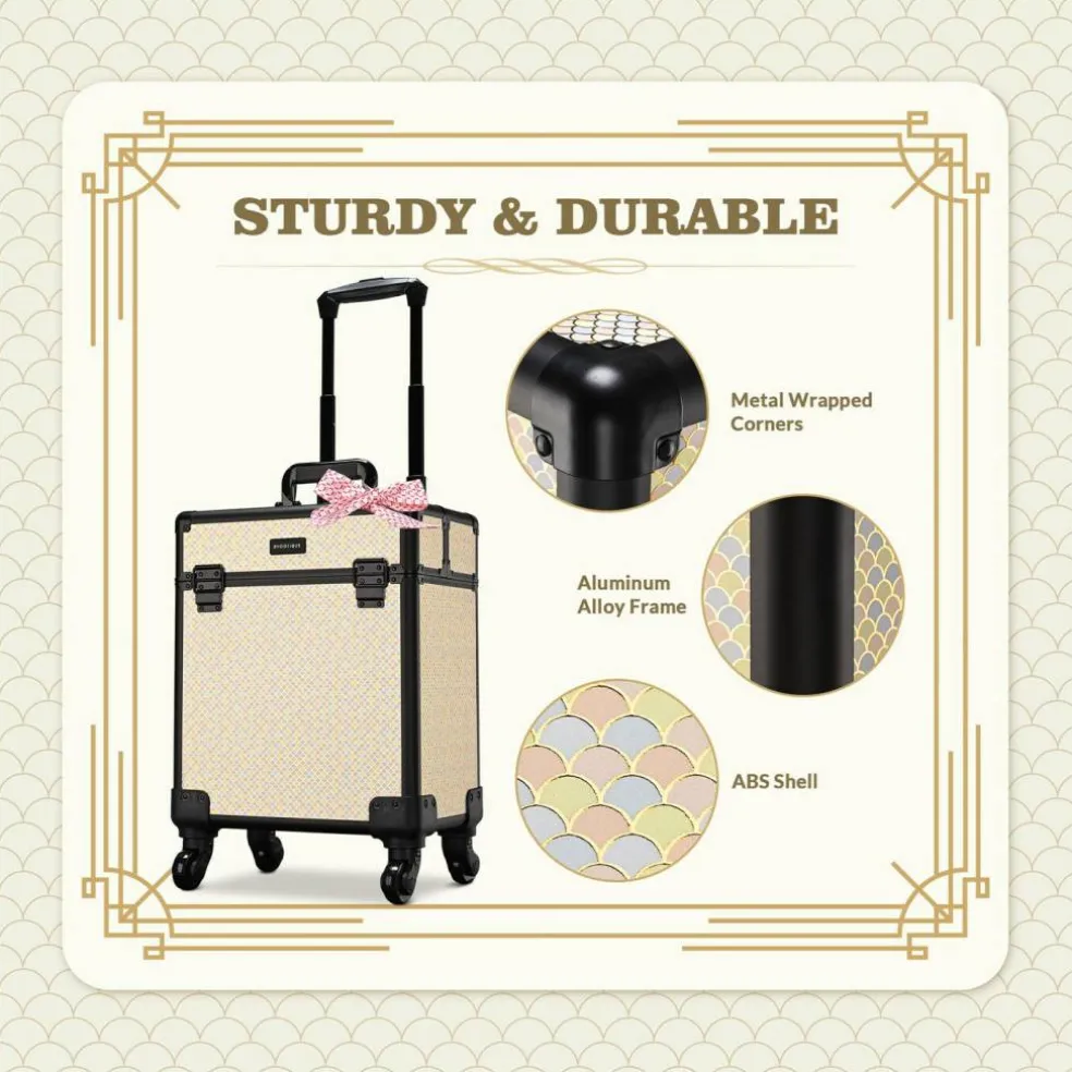 Byootique Rolling Makeup Train Case on Wheels Cosmetic Trolley Art Deco Pastel