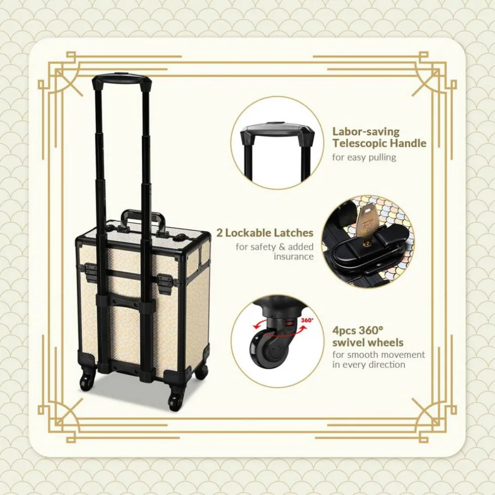 Byootique Rolling Makeup Train Case on Wheels Cosmetic Trolley Art Deco Pastel