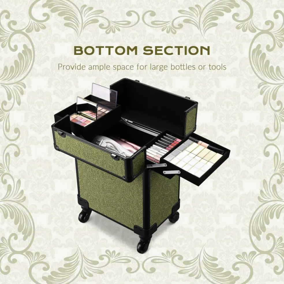 Byootique Rolling Makeup Train Case Cosmetic Trolley Organizer Salon Rococo Moss