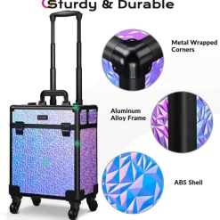 Byootique Rolling Makeup Train Case 3-Piece Cosmetic Organizer Kit Trolley Organizer Travel Case Lockable Salon Barber Case Traveling Cart Trunk with Wheels for Makeup Artist Trave Nail,Mermaid Purple