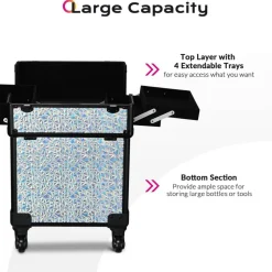 Byootique Rolling Makeup Train Case Cosmetic Trolley Organizer Mermaid Silver
