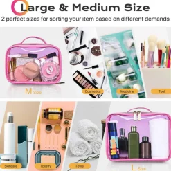 Byootique Set of 2 Clear Makeup Bag Cosmetic Organizer Travel Toiletry Pouch Handle Zipper for Makeup Artist Pink