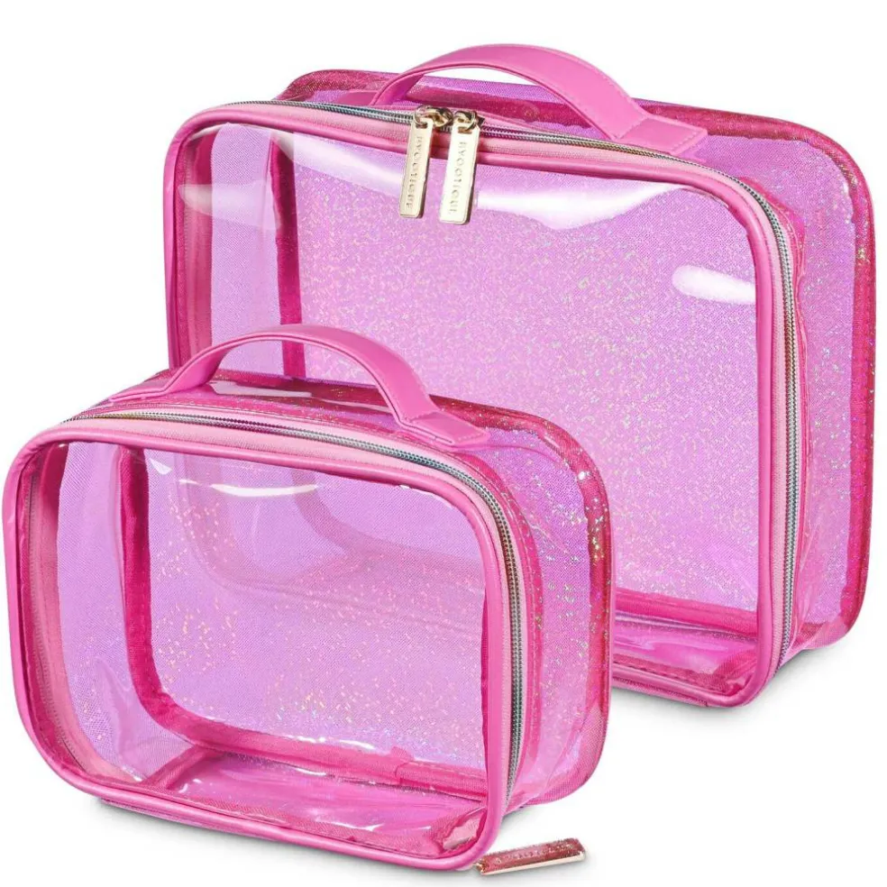 Byootique Set of 2 Clear Makeup Bag Cosmetic Organizer Travel Toiletry Pouch Handle Zipper for Makeup Artist Pink