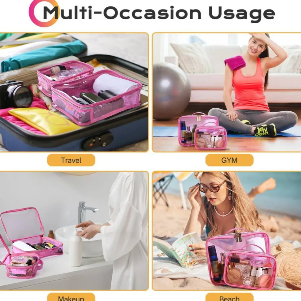Byootique Set of 2 Clear Makeup Bag Cosmetic Organizer Travel Toiletry Pouch Handle Zipper for Makeup Artist Pink