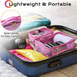 Byootique Set of 2 Clear Makeup Bag Cosmetic Organizer Travel Toiletry Pouch Handle Zipper for Makeup Artist Pink