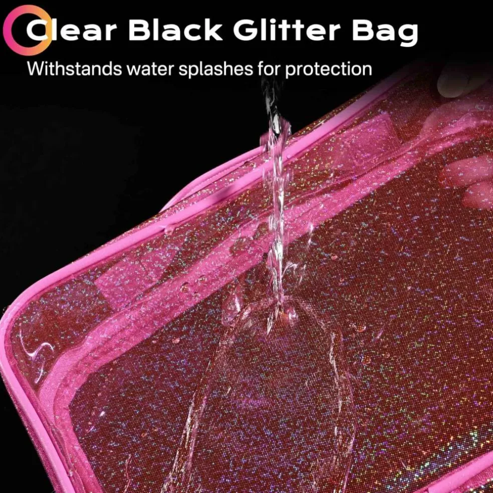 Byootique Set of 2 Clear Makeup Bag Cosmetic Organizer Travel Toiletry Pouch Handle Zipper for Makeup Artist Pink