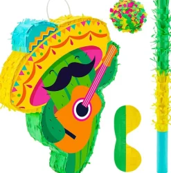 Cactus Piñata Mini Sombrero Party Hats Mexican Fiesta Decorations with Piñata Stick Blindfold Confetti Set, 16.1 x 13 x 3 Inch
