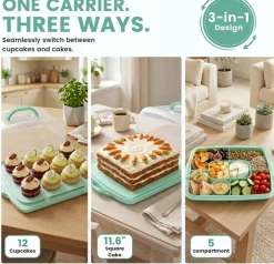 Cake Carrier with Lid and Handle, 12 Cupcake Holder & Rectangular Cake Container, BPA-Free Dessert Storage Box for Sheet Cakes, Muffins, Pies, Fruits & Snacks