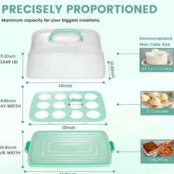 Cake Carrier with Lid and Handle, 12 Cupcake Holder & Rectangular Cake Container, BPA-Free Dessert Storage Box for Sheet Cakes, Muffins, Pies, Fruits & Snacks