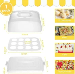 Cake Carrier with Lid, White Cake Holder Cupcake Container for 12 Cupcakes 2 in 1 Portable Dessert Container for Cake Pie Muffin Cobbler