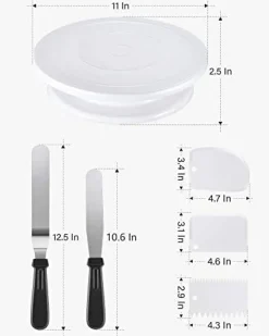 Cake Decorating Kit Baking Supplies Cake Turntable with 2 Frosting Straight Angled Spatula 3 Icing Smoother Scrapers Baking Accessories Tools for Beginners and Pros, White