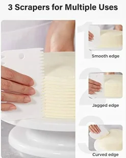 Cake Decorating Kit Baking Supplies Cake Turntable with 2 Frosting Straight Angled Spatula 3 Icing Smoother Scrapers Baking Accessories Tools for Beginners and Pros, White