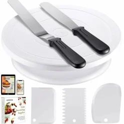 Cake Decorating Kit Baking Supplies Cake Turntable with 2 Frosting Straight Angled Spatula 3 Icing Smoother Scrapers Baking Accessories Tools for Beginners and Pros, White