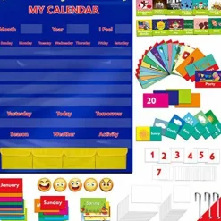 Calendar and Weather Pocket Chart with 148 Cards 108 Illustrated Activity Cards 40 Dry Erasable Flash Cards and 3 Hooks 28 x 35.5 Inches