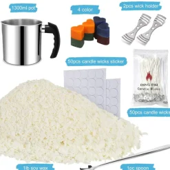 Candle Making Supplies, Complete Soy Candle Making Set Including Candle Make Pouring Pot, Candle Wicks, Wicks Sticker, 3-Hole Candle Wicks Holder, Natural Soy Wax and Spoon