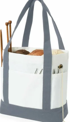 Canvas Crochet Bag Organizer & Yarn Tote | Lightweight Portable Travel Knitting Bag with Accessory Pockets | Compact Yarn Storage Holder for On-the-Go Crocheting, Skeins & Needles
