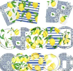 Capri Lemon Party Decorations Set – Blue Tile Summer Fruit Party Tableware, 20 Guest Lemon Paper Plates (9in + 7in) with Napkins for Birthday, Baby Shower, Citrus Themed Party Supplies