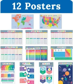 Carson Dellosa 12PC Educational Posters, 11" x 17" Maps, Addition, Place Value, Subtraction, Division, Multiplication Charts and Science Wall Art, Cross-Curricular Classroom Decor and Teacher Supplies