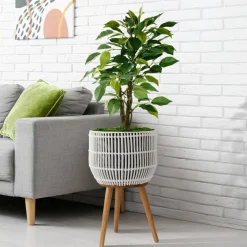 Casafield Indoor Planter with Stand, Floor Planter with Wood Legs, Large Plant Pot Cover Basket with Liner for Houseplants, Flower Pots and Trees