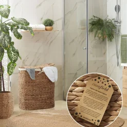 Casafield Oval Laundry Hamper with Lids and Removable Liner Bags, Woven Water Hyacinth 2-Section Laundry Basket Sorter for Clothes and Towels
