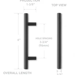Cauldham Solid Stainless Steel Euro Cabinet Pull Matte Black (3-3/4" Hole Centers) - 10 Pack