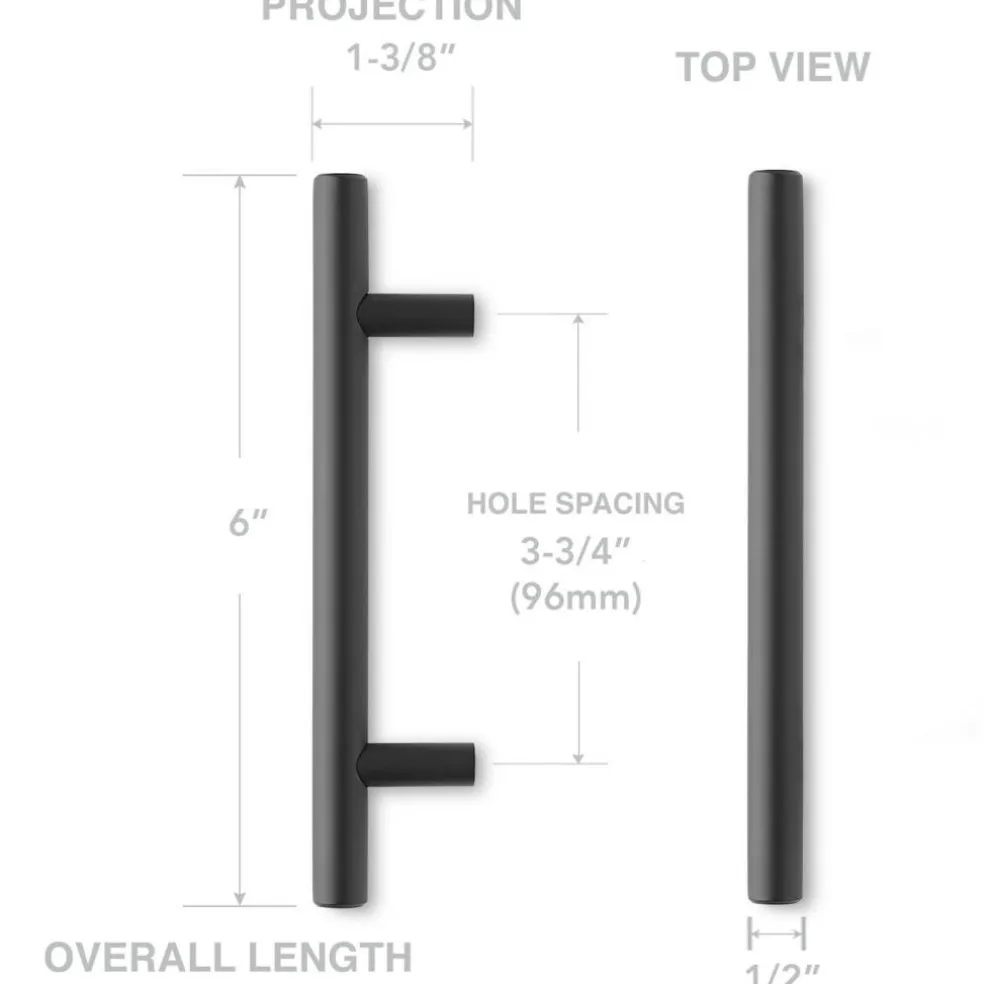 Cauldham Solid Stainless Steel Euro Cabinet Pull Matte Black (3-3/4" Hole Centers) - 10 Pack