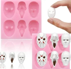 6 Cavities Halloween Large Scary Movie Characters Heads Chocolate Molds,(Pink)