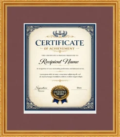 Certificate Frame 13x15 Museum Gold Hardwood With Dark Red Mat - Fits 8x10 Diplomas and Awards