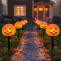 C7 Halloween Pumpkin Pathway Lights, 7 Ft Outdoor Pumpkin String Lights with 4 Clear C7 Bulbs & Stakes, Halloween Driveway Marker Lights for Lawn, Garden, Walkway, Party Decor