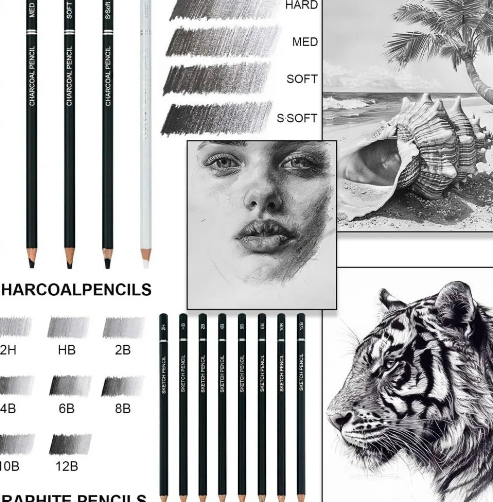 Charcoal Pencils for Drawing, Set of 22