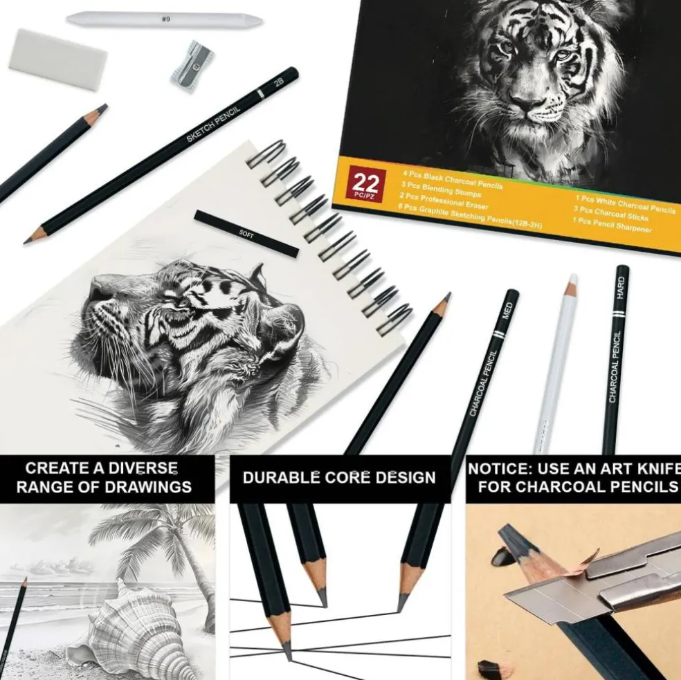 Charcoal Pencils for Drawing, Set of 22