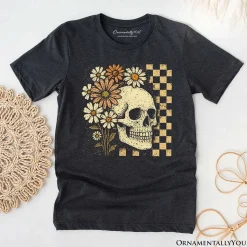 Checkered Floral Skeleton T-Shirt, Vintage Skull Daisy Halloween Tee