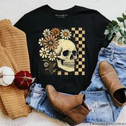 Checkered Floral Skeleton T-Shirt, Vintage Skull Daisy Halloween Tee
