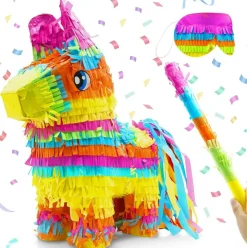 16" Cinco de Mayo Pinata, Large Rainbow Color Donkey Pinata 16 x 13 x 5.5 ln with Stick and Blindfold for Fiestas Mexican Party Decoration, Kids Birthday Party Favors, Taco Tuesday Event