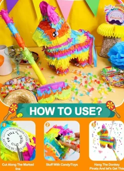 16" Cinco de Mayo Pinata, Large Rainbow Color Donkey Pinata 16 x 13 x 5.5 ln with Stick and Blindfold for Fiestas Mexican Party Decoration, Kids Birthday Party Favors, Taco Tuesday Event