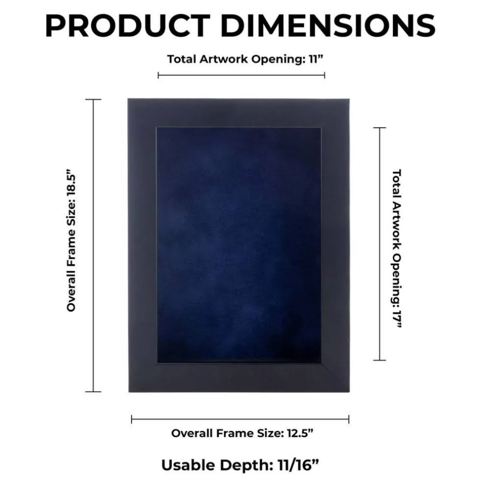 Classic Black Wood Shadown Box Frame with Acrylic Front - Navy Blue Suede Backing, 30 Sizes