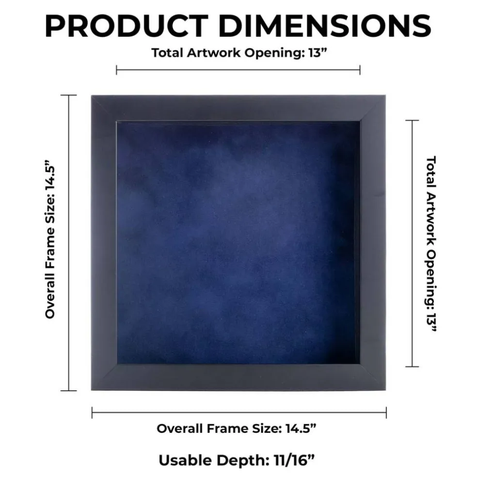 Classic Black Wood Shadown Box Frame with Acrylic Front - Navy Blue Suede Backing, 30 Sizes
