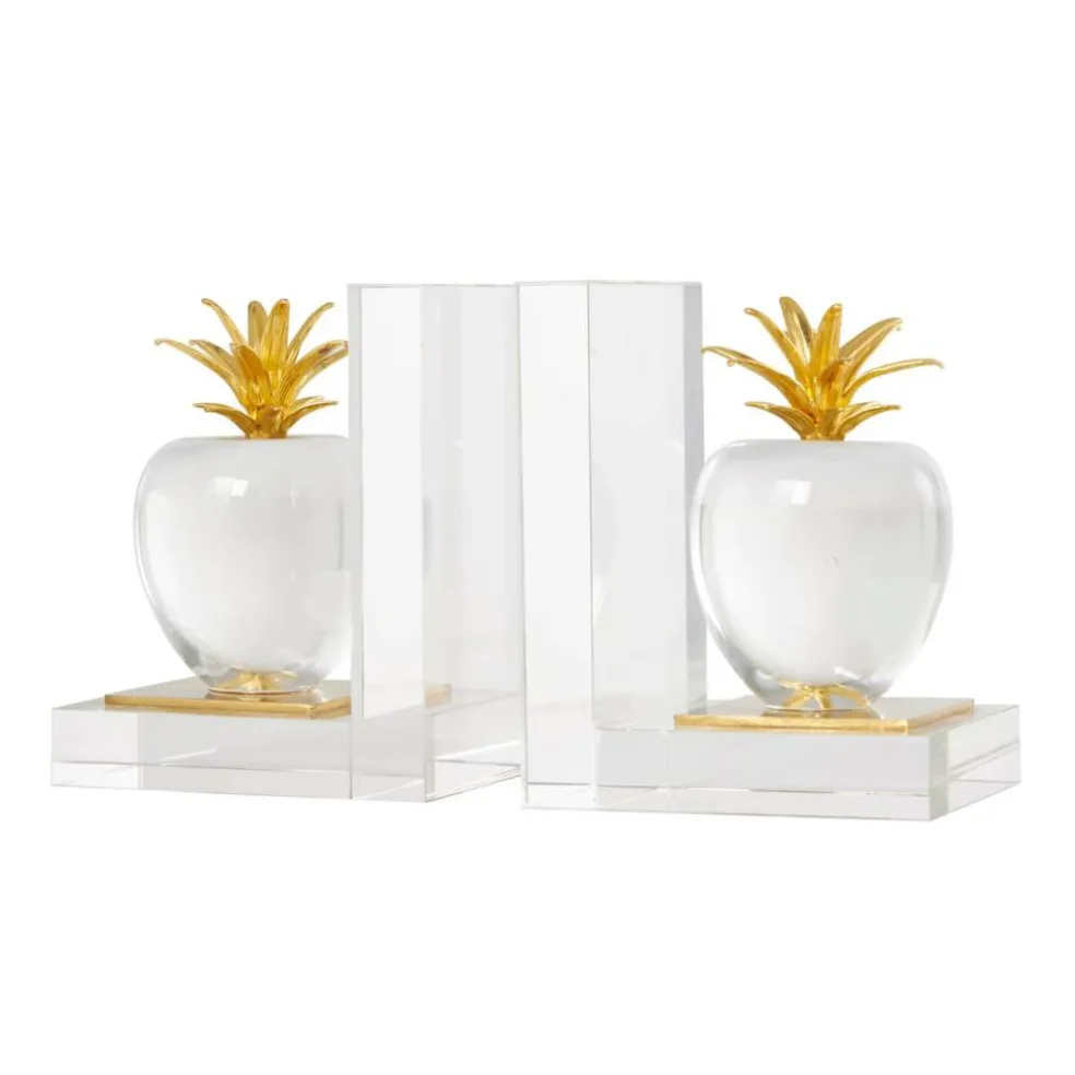 6" Clear Crystal Fruit Apple Bookends with Gold Leaves Set