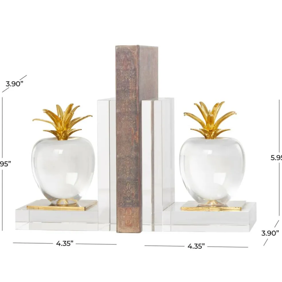 6" Clear Crystal Fruit Apple Bookends with Gold Leaves Set