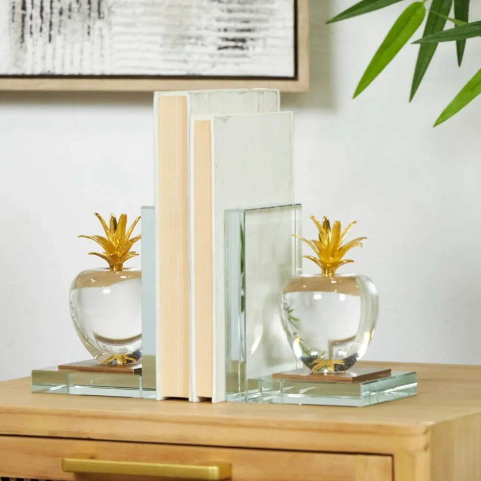 6" Clear Crystal Fruit Apple Bookends with Gold Leaves Set