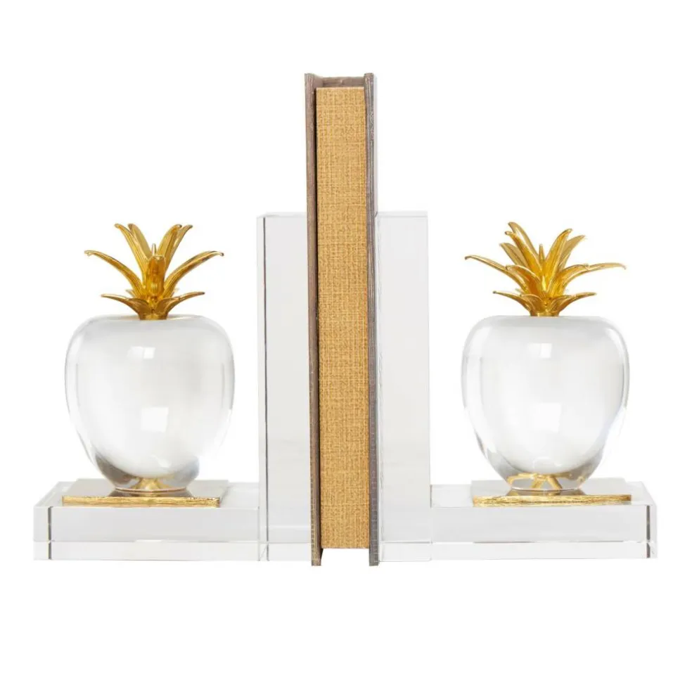 6" Clear Crystal Fruit Apple Bookends with Gold Leaves Set