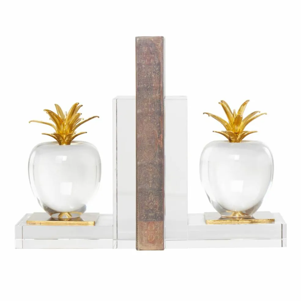 6" Clear Crystal Fruit Apple Bookends with Gold Leaves Set