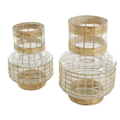 Clear Glass Double Ring Rattan Wrapped Vase Set