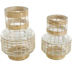 Clear Glass Double Ring Rattan Wrapped Vase Set