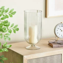 Clear Glass Ribbed Fluted Decorative Candle Holder with Elevated Base