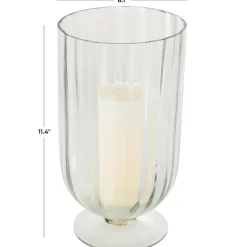 Clear Glass Ribbed Fluted Decorative Candle Holder with Elevated Base