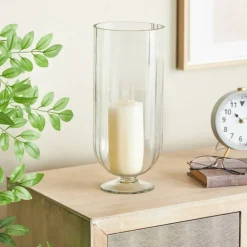Clear Glass Ribbed Fluted Decorative Candle Holder with Elevated Base