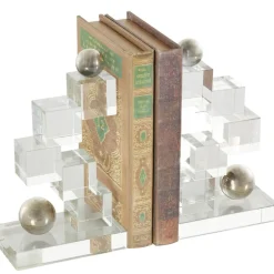 8.25" Clear Glass Stacked Squares Bookends with Silver Orbs, 2ct.